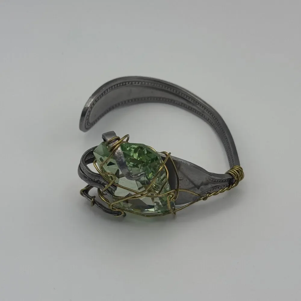 Handmade Fork Cuff Bracelet w/ Green Glass Wire Wrap Accent‎